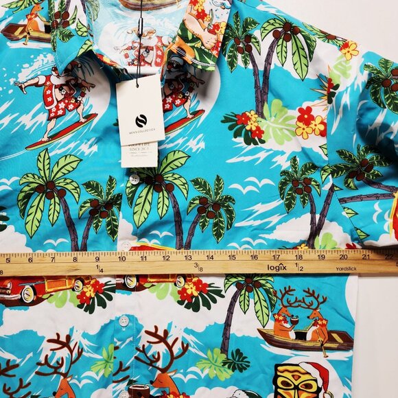 Mens Hawaiian Shirt Santa Reindeer  Short Sleeve Blue Tropical Design Size L - Picture 7 of 8